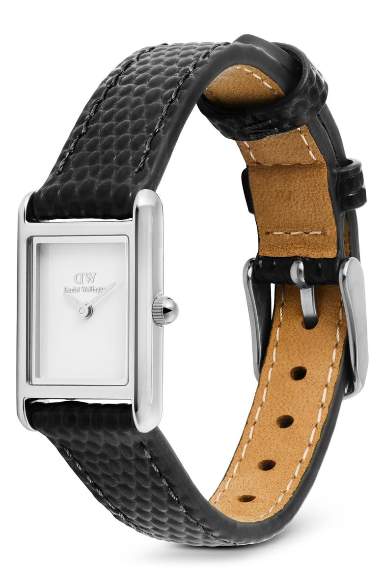 Daniel Wellington Bound Mini Tank Leather Strap Watch, 17mm x 26mm, Alternate, color, Silver-Tone/ Black