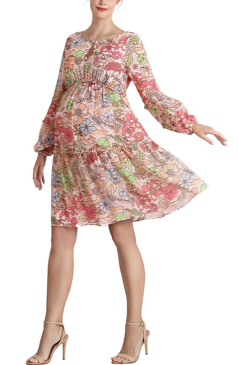 Kimi & Kai Aiko Long Sleeve Maternity Babydoll Dress, Main, color, Multicolored