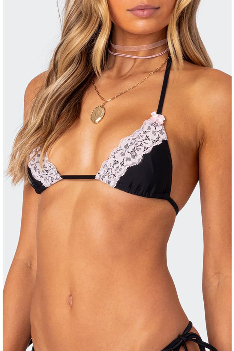 Cassey Lace Detail Triangle Bikini Top, Alternate, color, BLACK