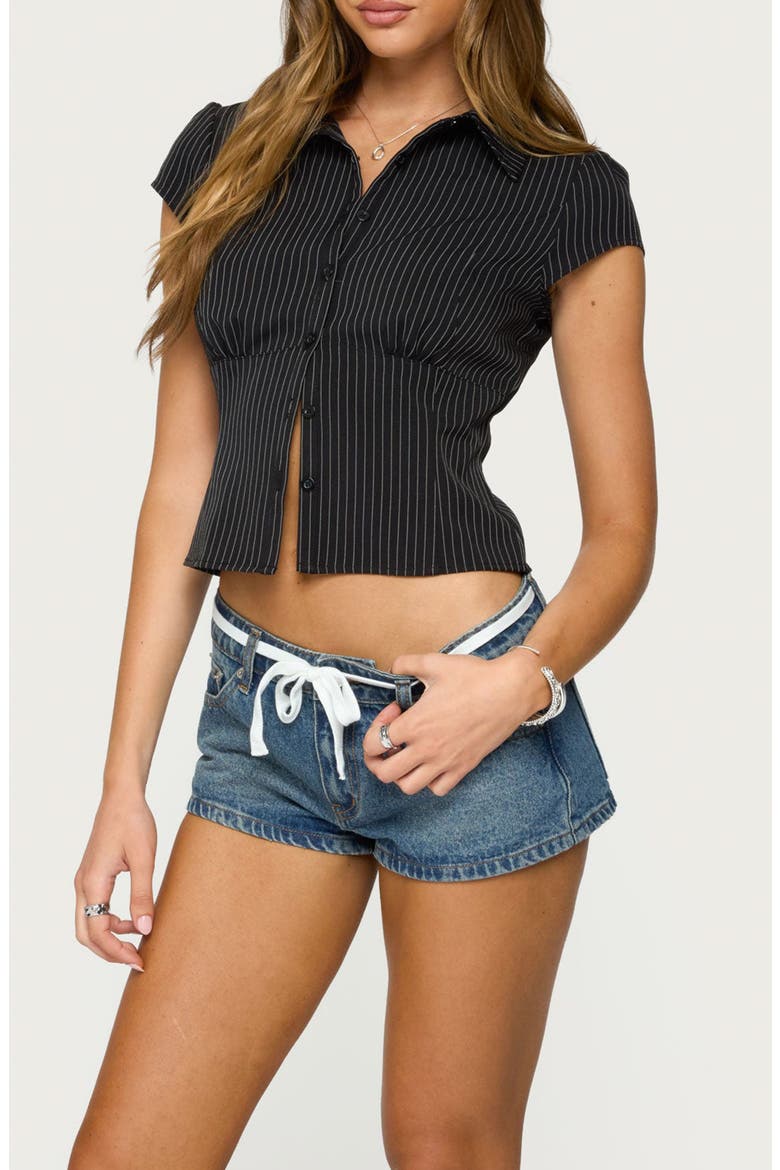 Juney Pinstripe Crop Cotton Blend Button-Up Shirt, Alternate, color, BLACK-AND-WHITE
