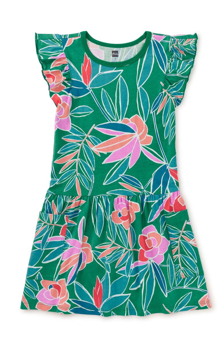 Tea Collection Flutter Sleeve Pocket Dress, Main, color, Tropical Gardenias