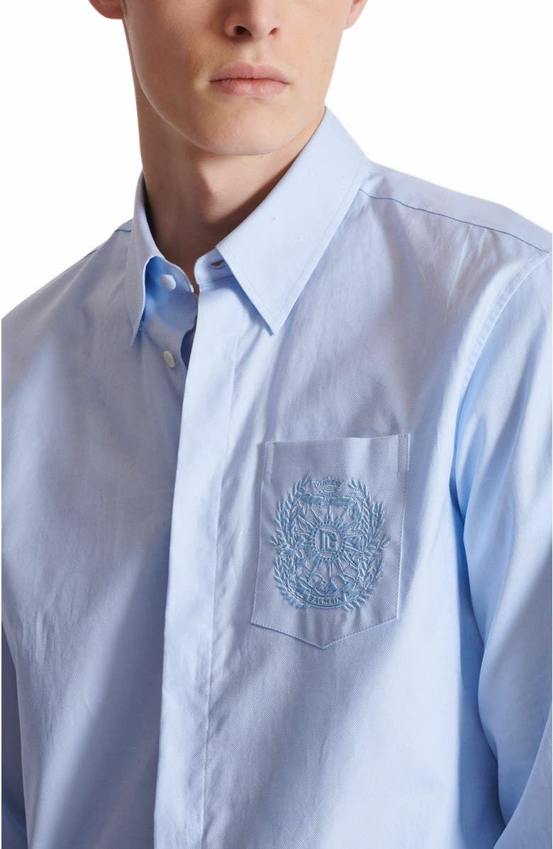 Balmain Écusson Embroidered Cotton Shirt, Alternate, color, Blue
