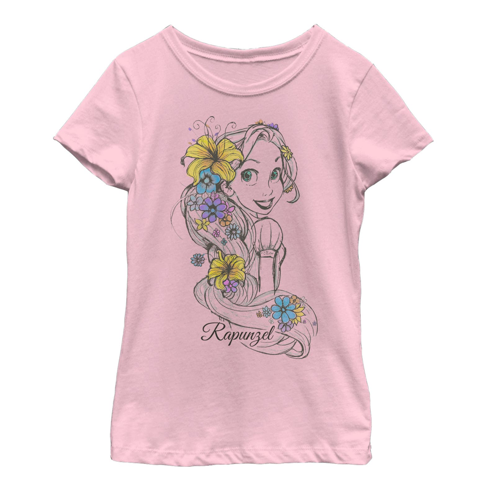 Girl's Disney Tangled Flower Sketch  Graphic T-Shirt in Light Pink 