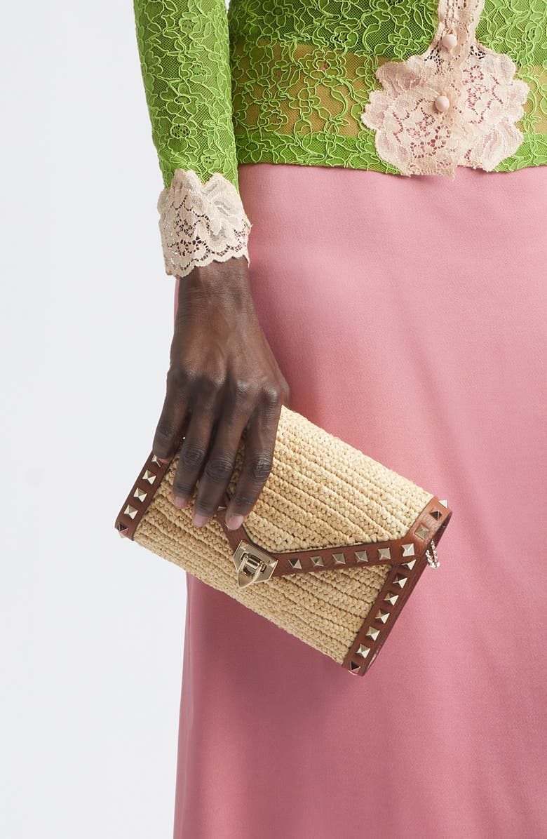 Valentino Garavani Mini Rockstud Raffia Crochet Shoulder Bag, Alternate, color, Natural
