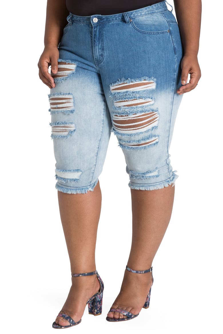 Lelahni Distressed Ombré Denim Capris, Alternate, color, MEDIUM BLUE