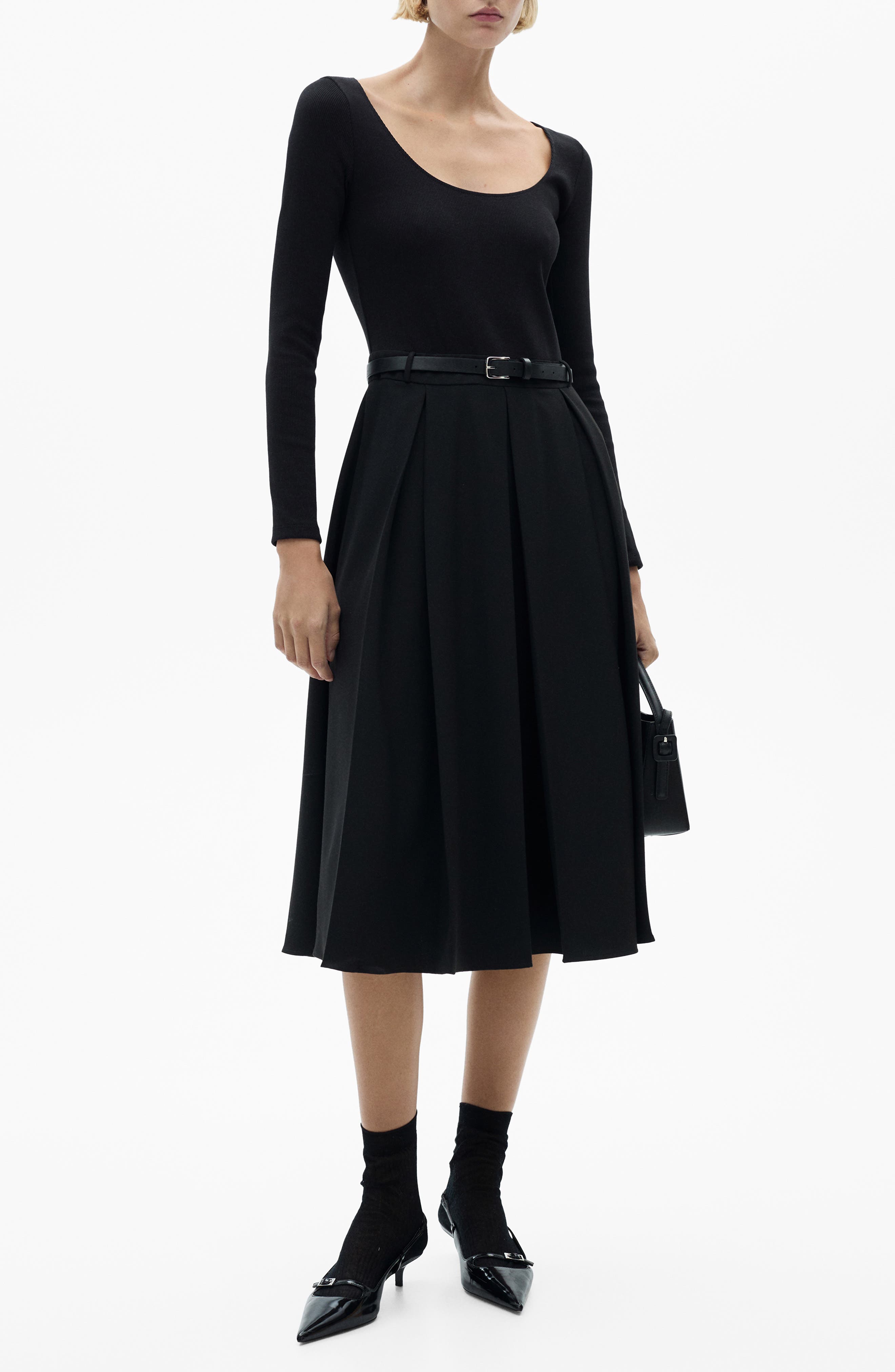 MANGO Diana Long Sleeve Belted Mixed Media Dress