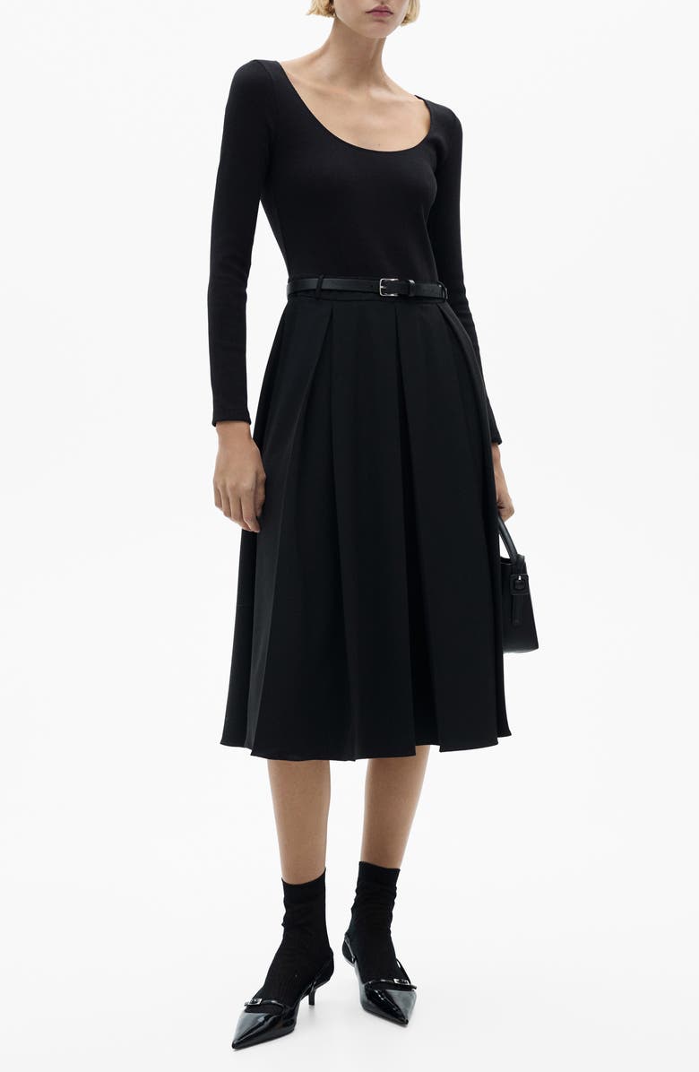 MANGO Diana Long Sleeve Belted Mixed Media Dress, Main, color, Black