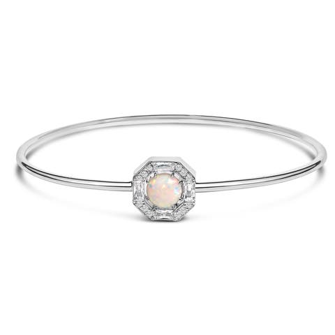 Silver 7X7MM Created Opal and White Sapphire Halo Bangle Bracelet