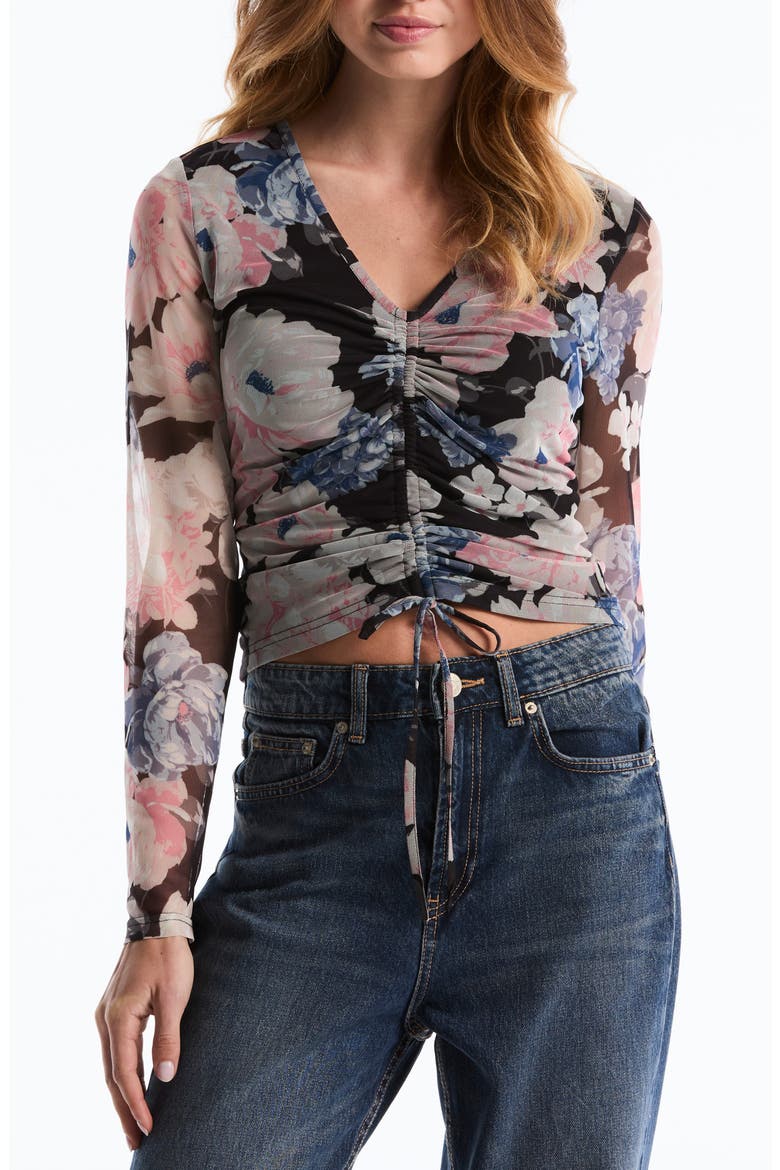 Printed Ruched Mesh Top, Main, color, BLACK