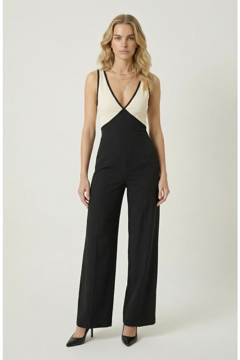 Two-Tone Wrap Bodice Jumpsuit, Main, color, Black / Cream