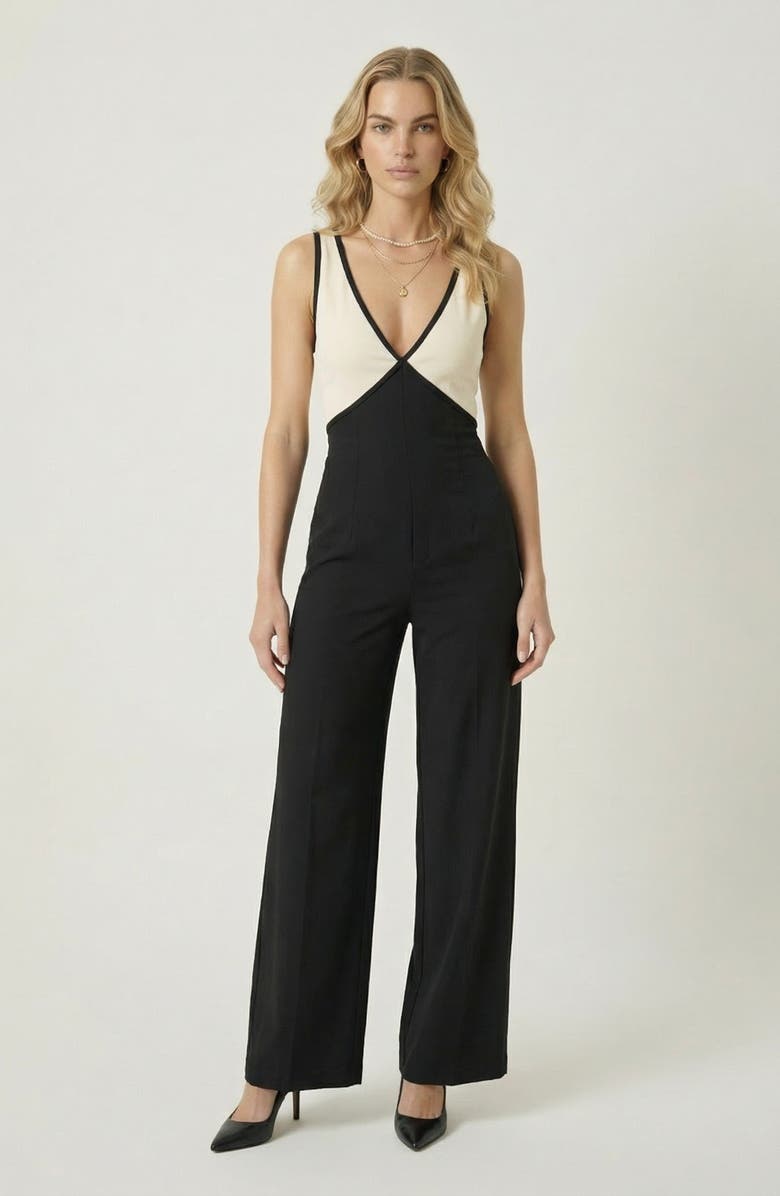 Modenaire Two-Tone Wrap Bodice Jumpsuit, Main, color, Black / Cream