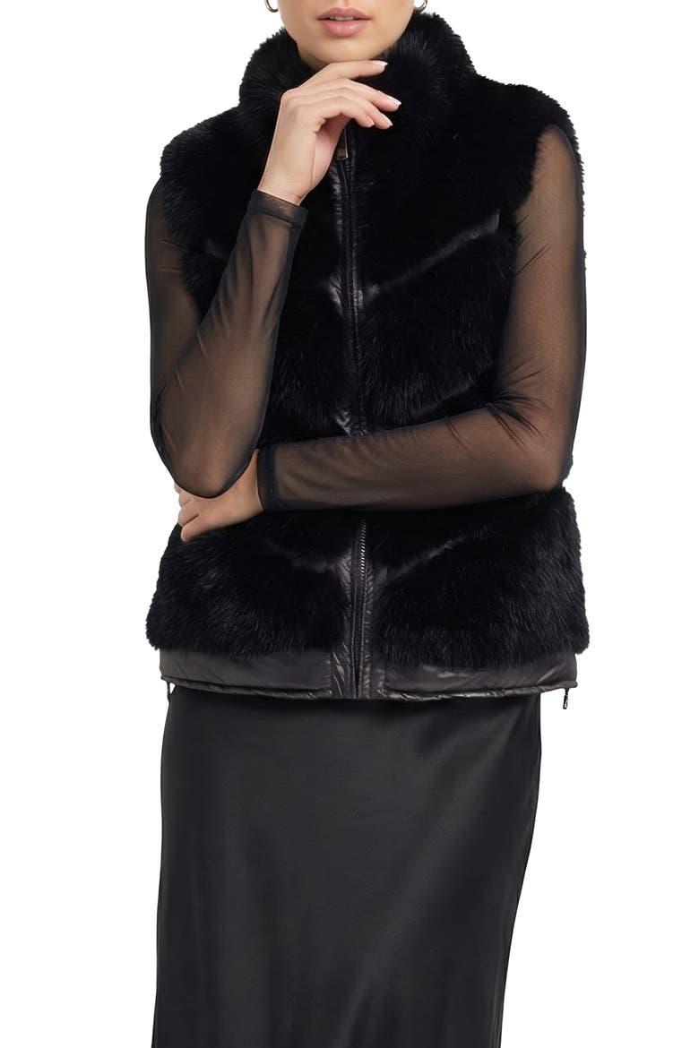 Fur-Free Silver Fox (Faux Fur) Chevron Short Vest, Alternate, color, BLACK