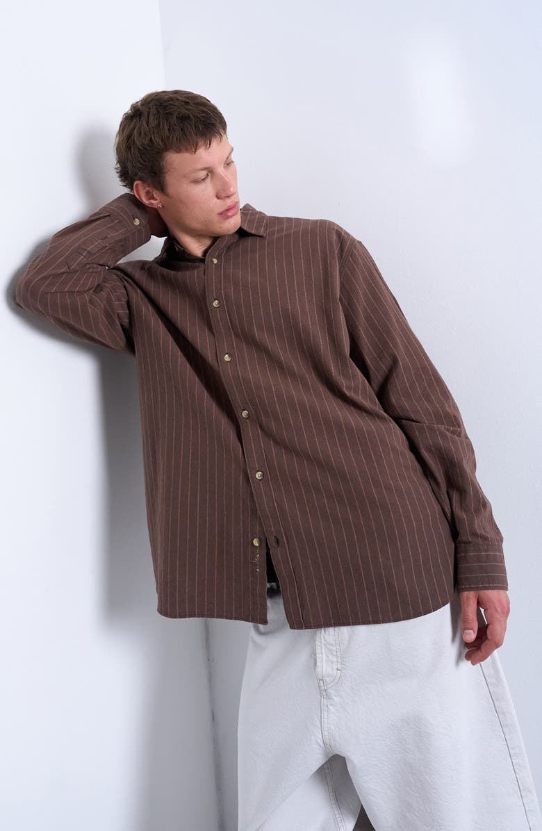 Topman Stripe Oversize Oxford Button-Up Shirt, Alternate, color, Washed Brown
