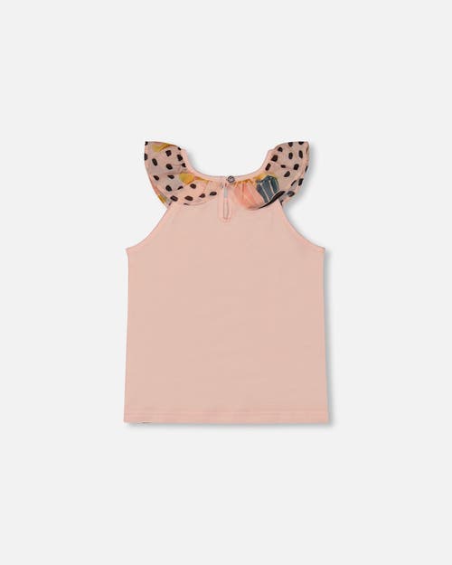 Deux Par Deux Little Girl's Organic Cotton Tank Top With Frill Pink And Black Butterfly In Pink With Black Butterfly