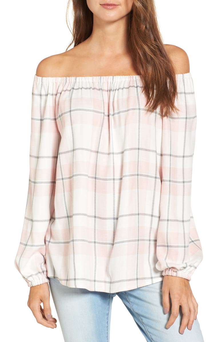 Two by Vince Camuto Off the Shoulder Plaid Blouse, Main, color,