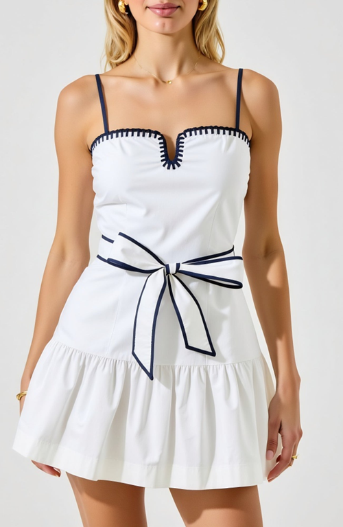 Modenaire Mini Dress With Spaghetti Straps Contrast Trim And Waist Tie Bow In White