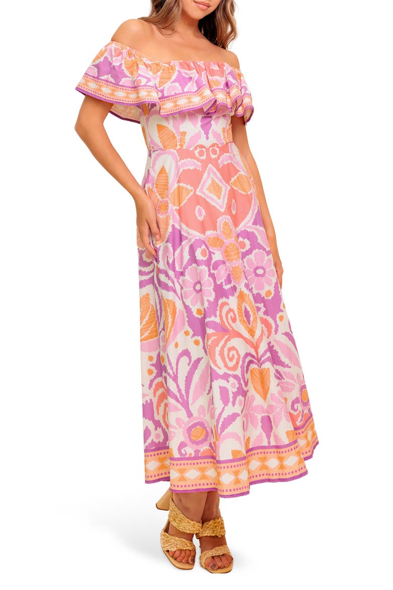 Floral Off the Shoulder Midi Dress, Alternate, color, LAVENDER/ CORAL