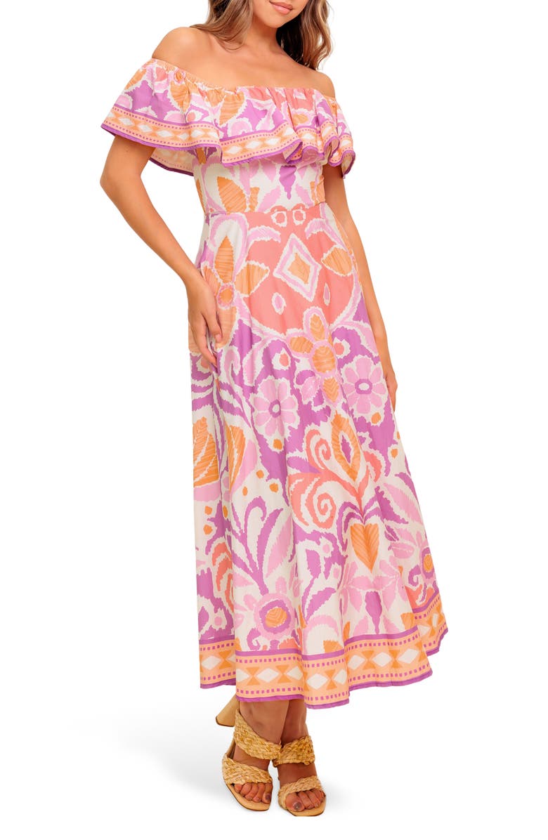 FLYING TOMATO Floral Off the Shoulder Midi Dress, Alternate, color, Lavender/ Coral