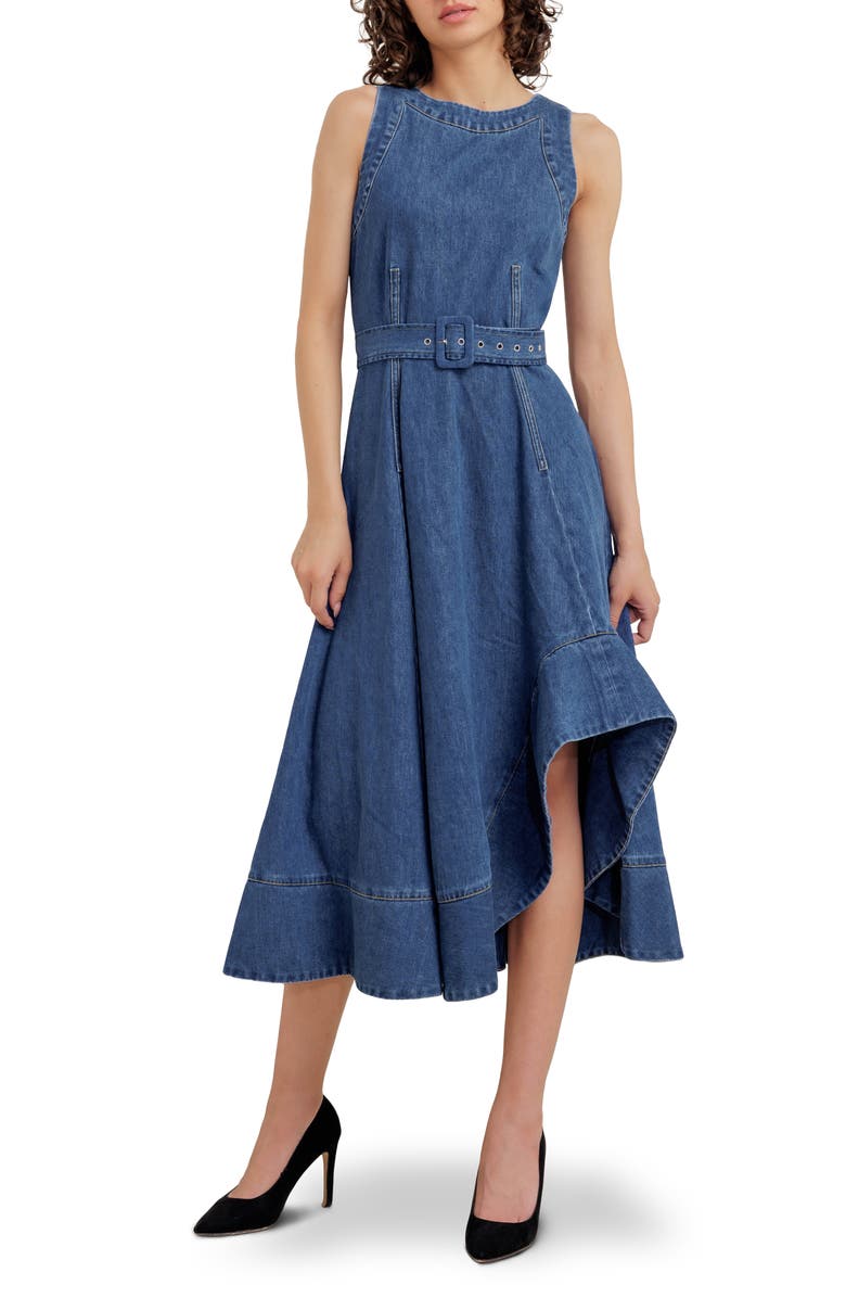 FREEMARKET Sleeveless Belted Denim Dress, Main, color, Indigo