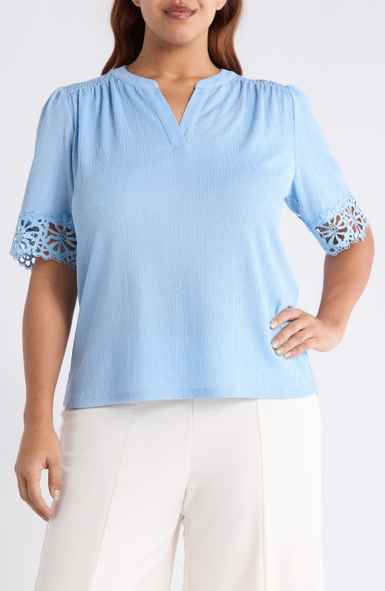 Anne Klein Crepe Lace Trim Top, Main, color, Lakeshore