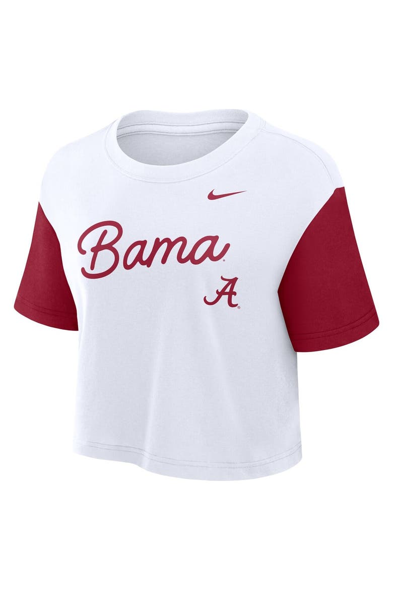 Women's Nike White/Crimson Alabama Crimson Tide Color-Block Script Performance Cropped T-Shirt, Alternate, color, White