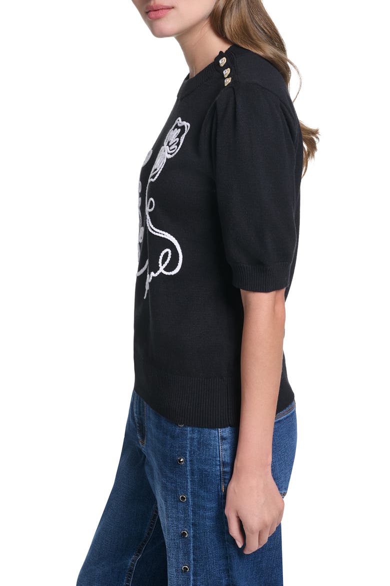 Floral Stitch Short Sleeve Cotton Blend Sweater, Alternate, color, BLACK/ SOFT WHITE