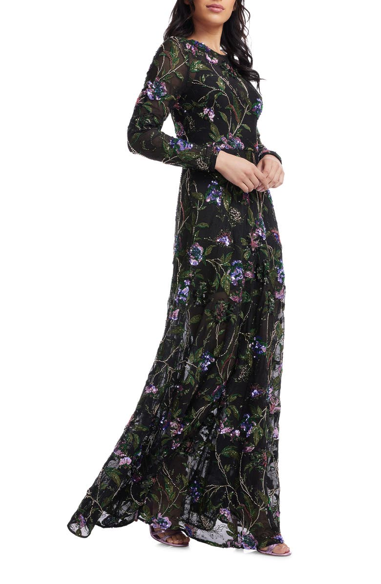 Dress the Population Ava Sequin Floral Long Sleeve A-Line Gown, Alternate, color, Black Multi