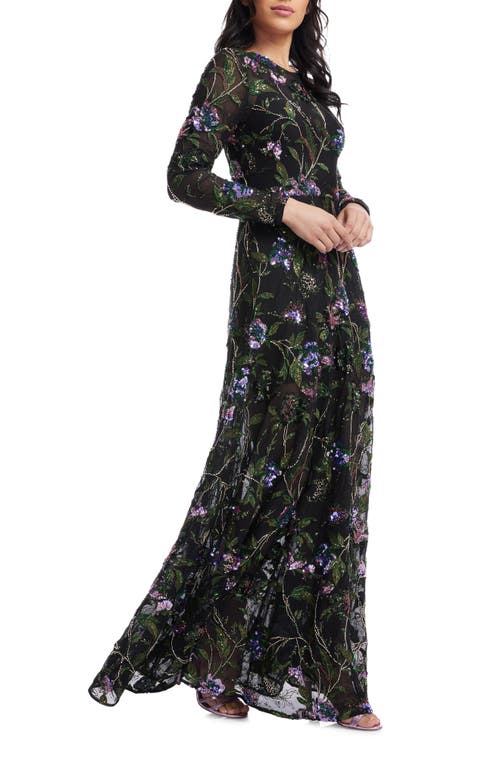 DRESS THE POPULATION DRESS THE POPULATION AVA SEQUIN FLORAL LONG SLEEVE A-LINE GOWN