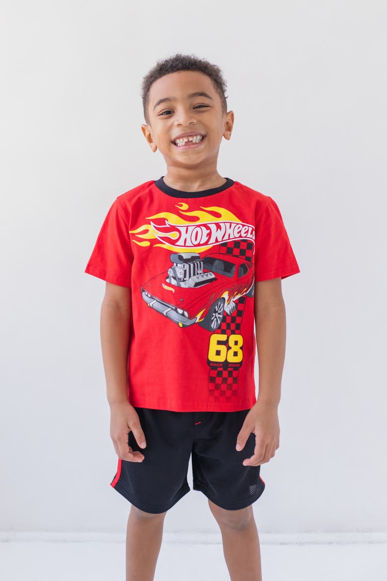 T-shirt And Mesh Shorts Set, Alternate, color, Hot Wheels Red