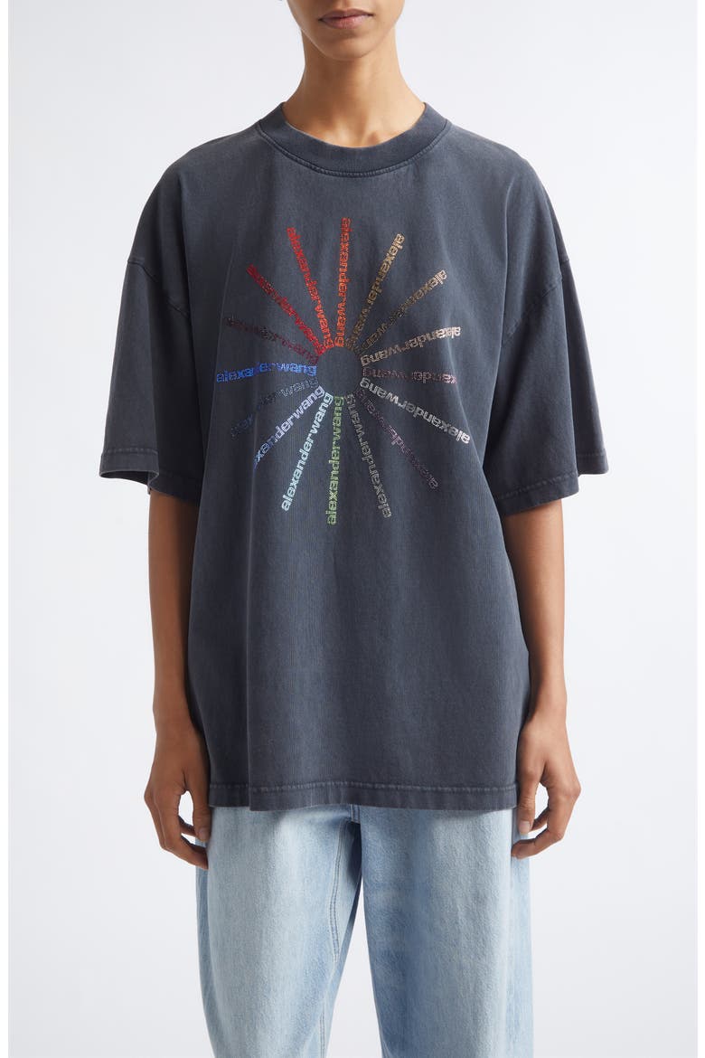 Oversize Crystal Hotfix Logo T-Shirt, Main, color, WASHED BLACK