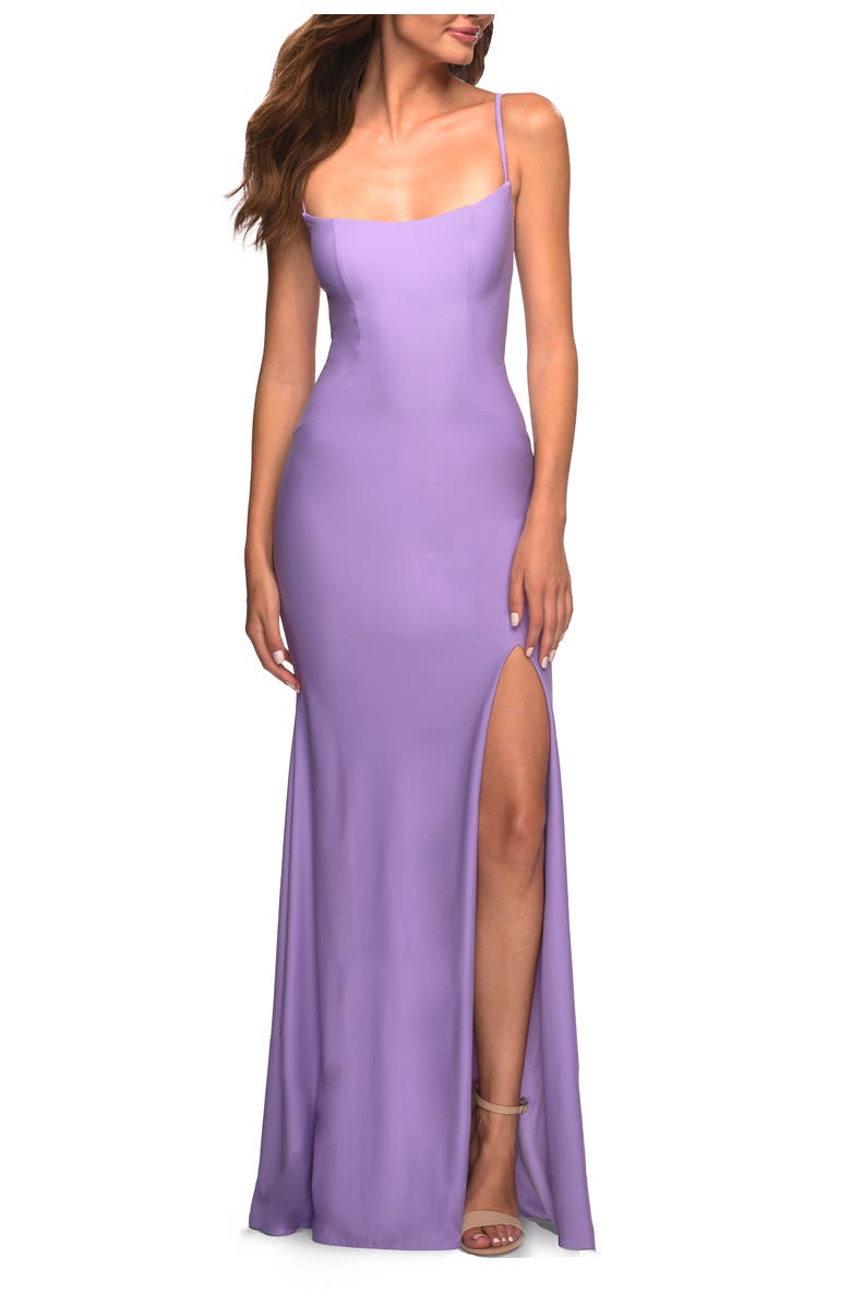 La Femme Long Prom Dress in Luxurious Jersey with Slit, Main, color, Periwinkle