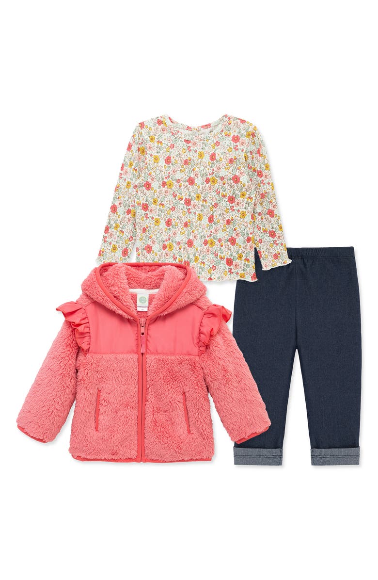 Little Me Garden T-Shirt, Fleece Hooded Jacket & Denim Leggings Set, Alternate, color, Rose