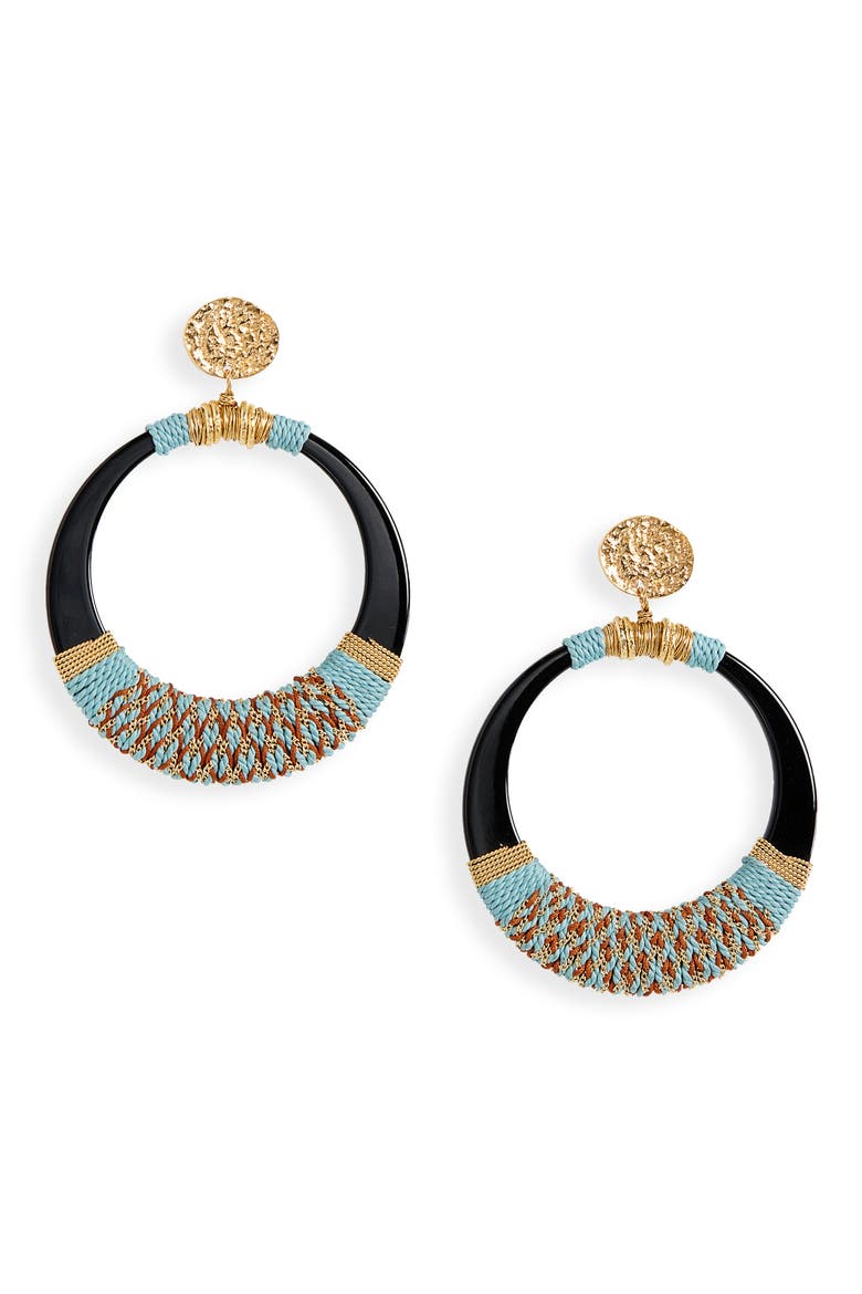 Lodge Raffia Hoop Earrings, Main, color, BLUE YELLOW MIX