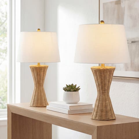 Laura 27" Coastal Designer Iron/Rattan Wicker LED Table Lamp, Natural (Set of 2)
