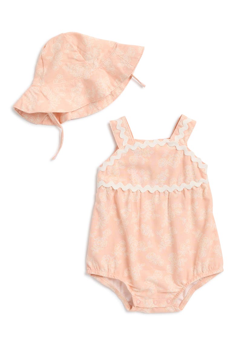 Ric Rac Bubble Romper & Sunhat Set, Main, color, PEACH MELBA