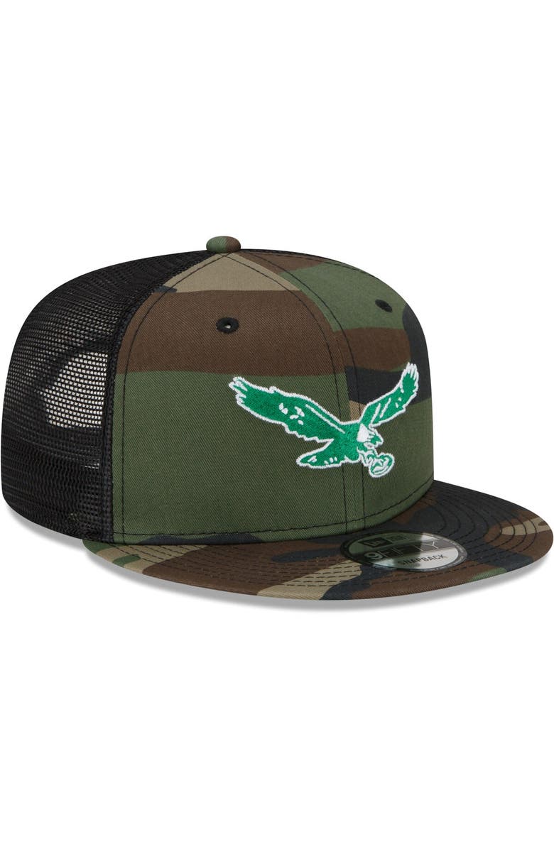New Era Men's New Era Camo Philadelphia Eagles Woodland Trucker 2.0 9FIFTY Snapback Hat, Alternate, color, 