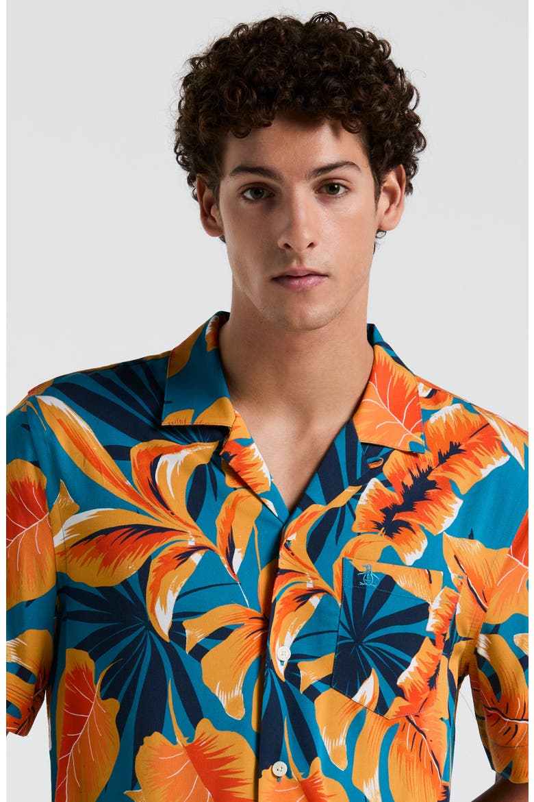 Tropical Leaf Print Viscose Camp Shirt, Alternate, color, MOSAIC BLUE