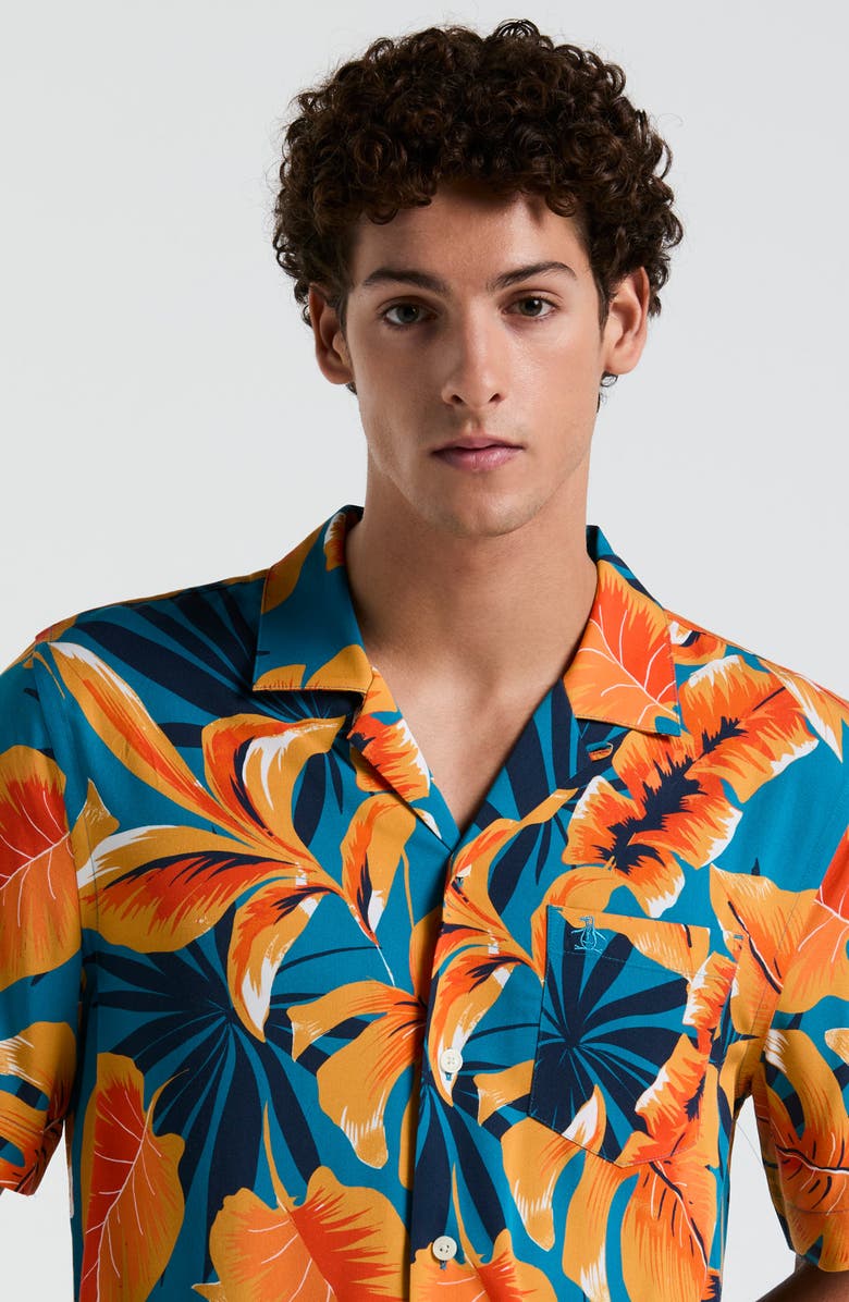 Original Penguin Tropical Leaf Print Viscose Camp Shirt, Alternate, color, Mosaic Blue