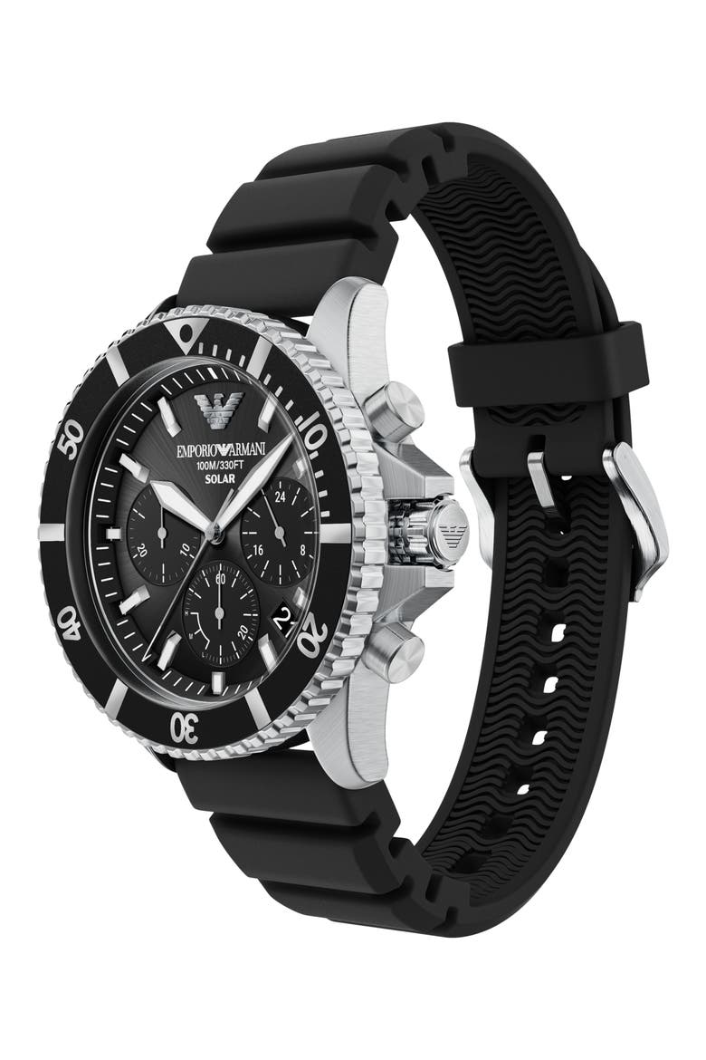 World Explorer Solar Chronograph Silicone Strap Watch, 43.5mm, Alternate, color, BLACK