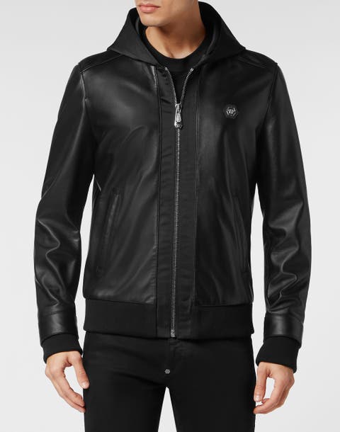 Leather Hooded Bomber With Satin Inserts Men