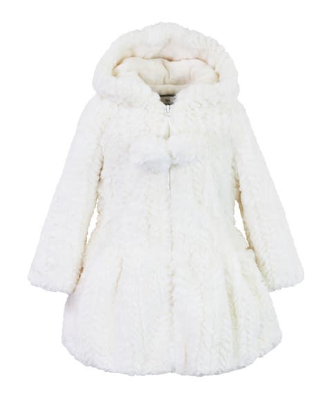Faux Fur Hooded Zip Front Pompom Coat (Toddler, Little Kid & Big Kid)