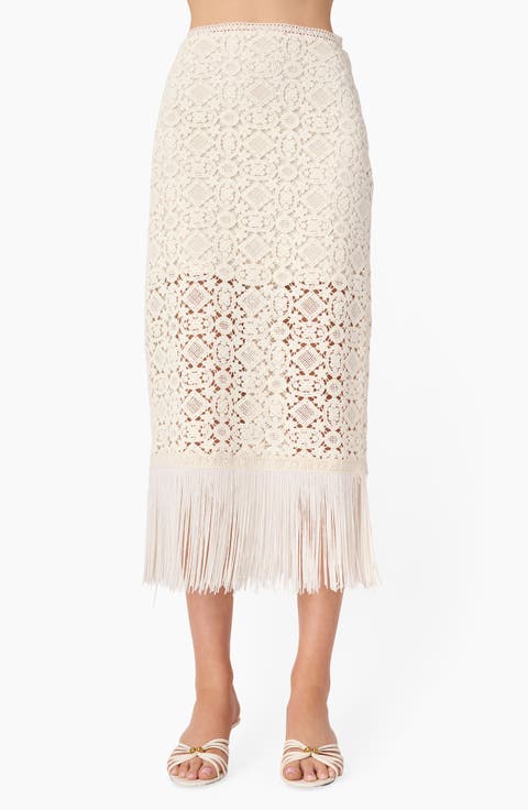 Veezia Fringe Hem Open Stitch Midi Skirt