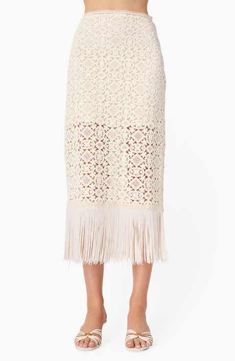 Veezia Fringe Hem Open Stitch Midi Skirt