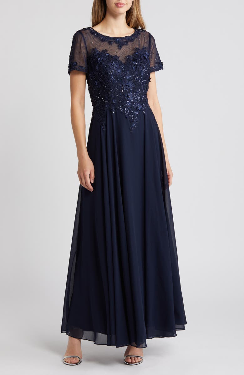 Xscape Evenings Beaded Mesh Gown, Main, color, Navy