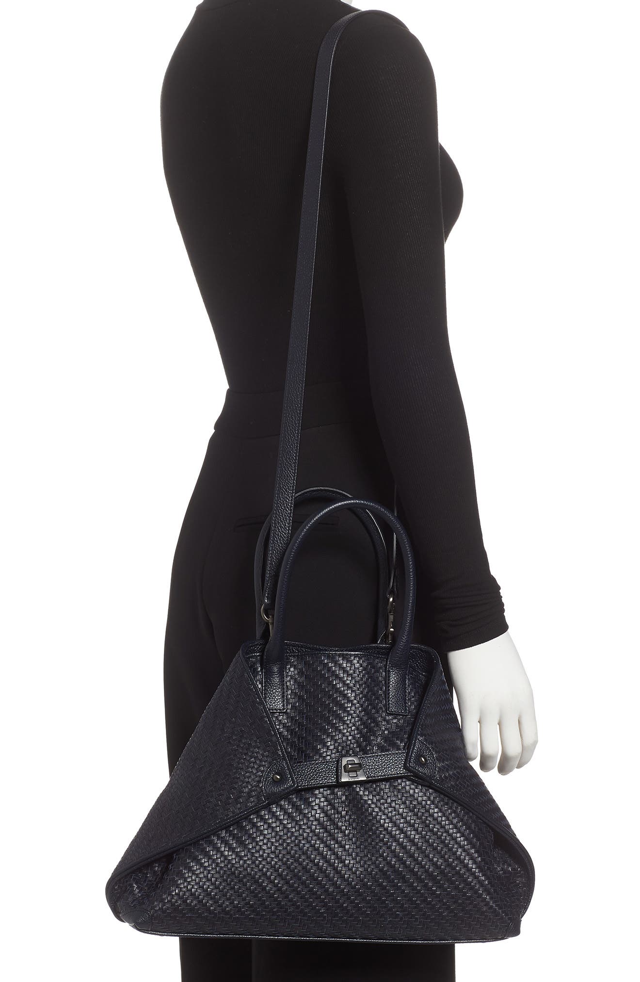 Small AI Woven Plaid Calfskin Leather Tote, Alternate, color, DENIM
