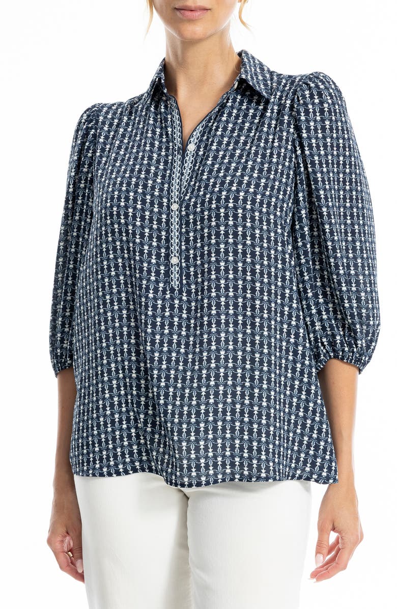 MAX STUDIO Three Quarter Sleeve Top, Main, color, Navy Bulb Vines