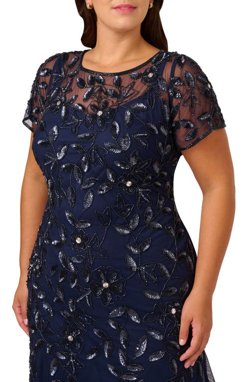 Adrianna Papell Beaded Floral Godet Gown In Light Navy