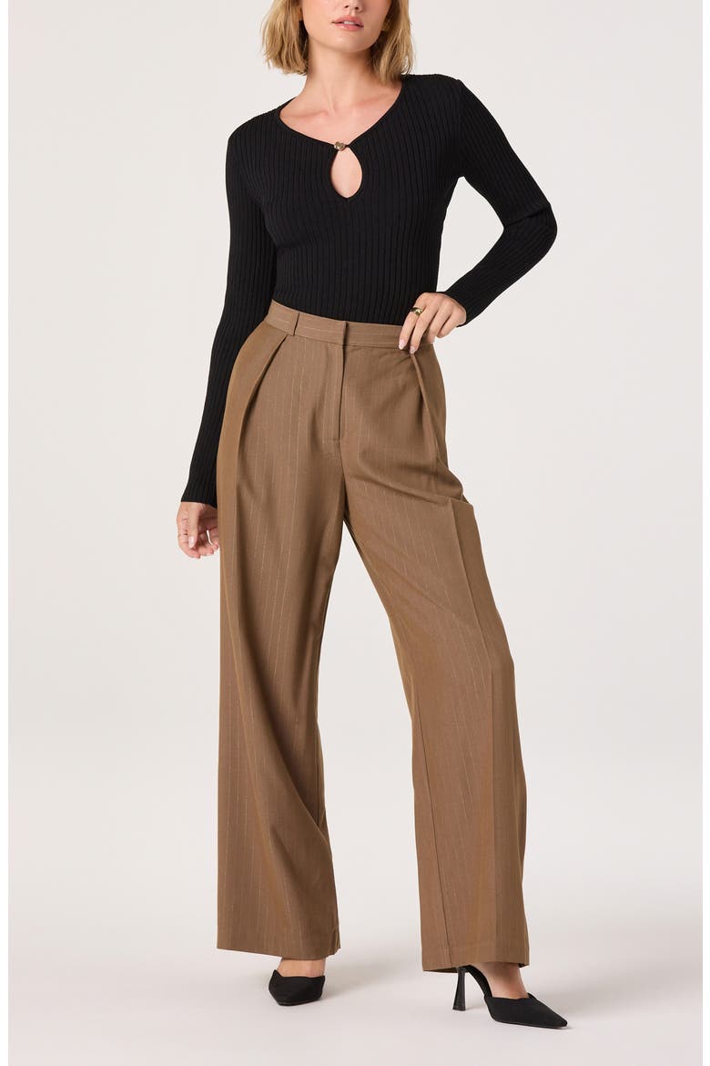 Pleated Metallic Pinstripe Pants, Alternate, color, BROWN GOLD STRIPE