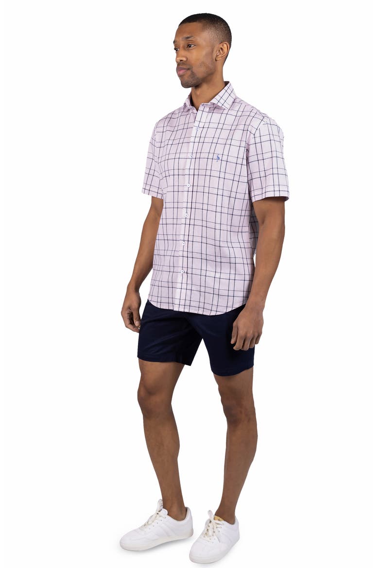 Large Check Yarn Dyed Short Sleeve Linen & Cotton Blend Button-Up Shirt, Alternate, color, PINK