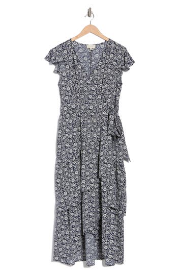 Melloday Floral Wrap Dress In Navy Ivory